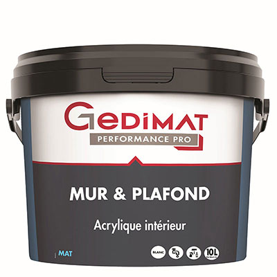 Peinture mur et plafond acrylique - blanc mat - 10L - GEDIMAT PERFORMANCE PRO
