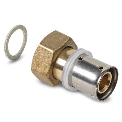 Raccord à sertir pour tube synthétique ø 16mm + écrou prisonnier femelle 1/2 laiton
