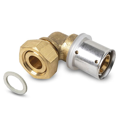 Coude à sertir pour tube synthétique ø 16mm + écrou libre 1/2 laiton