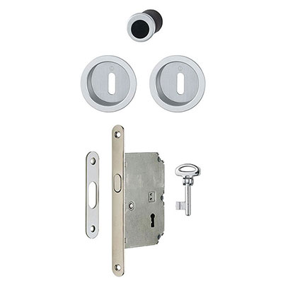 Kit poignée cuvette ronde alu pour porte coulissante avec serrure