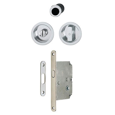 Kit poignée cuvette ronde alu pour porte coulissante avec verrou de condamnation