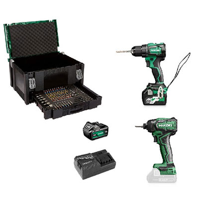 HIKOKI - Pack 2 machines sans fil KC18H2E-502 : 1 perceuse à percussion-visseuse + visseuse à choc + 1 coffret HITCASE100 accessoires + 2 batterie + 1 chargeur