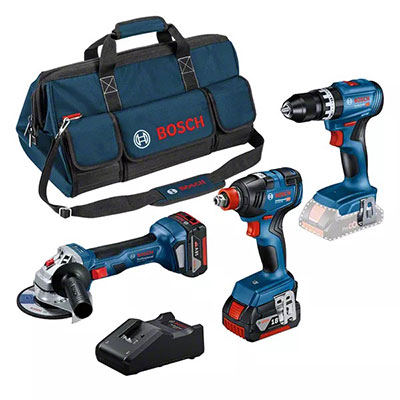 BOSCH - Pack 3 machines sans fil : 1 perceuse-visseuse à percussion + 1 meuleuse d'angle + 1 visseuse à choc + 2 batteries + 1 chargeur - en sac