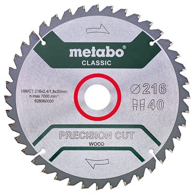 METABO - Lame circulaire PRECISION Cut Wood pour bois 40 dents ø 216mm