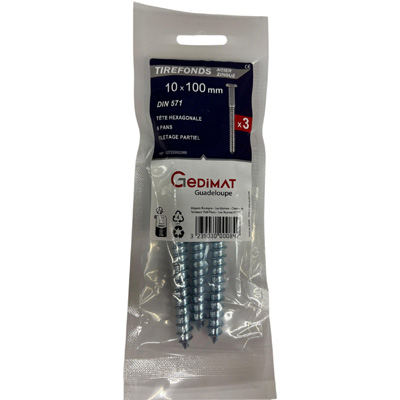Tirefond acier zingué - tête hexagonale ø10 x L. 100 mm - vendu par 3