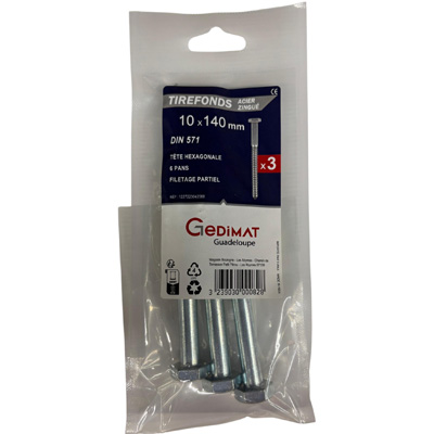 Tirefond acier zingué - tête hexagonale ø10 x L. 140 mm - vendu par 3