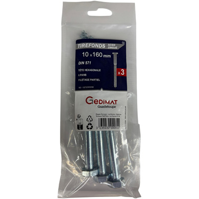 Tirefond acier zingué - tête hexagonale ø10 x L. 160 mm - vendu par 3