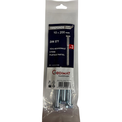 Tirefond acier zingué - tête hexagonale ø10 x L. 200 mm - vendu par 3