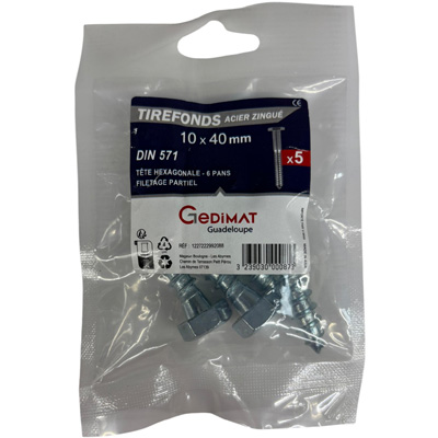 Tirefond acier zingué - tête hexagonale ø10 x L. 40 mm - vendu par 5