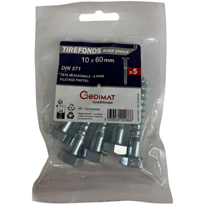 Tirefond acier zingué - tête hexagonale ø10 x L. 60 mm - vendu par 5