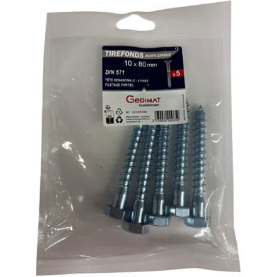 Tirefond acier zingué - tête hexagonale ø10 x L. 80 mm - vendu par 5