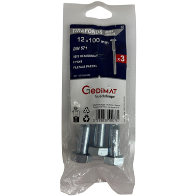 Tirefond acier zingué - tête hexagonale ø12 x L. 100 mm - vendu par 3