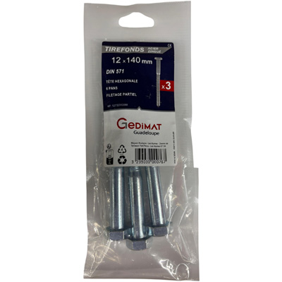Tirefond acier zingué - tête hexagonale ø12 x L. 140 mm - vendu par 3