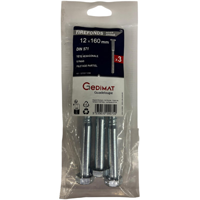 Tirefond acier zingué - tête hexagonale ø12 x L. 160 mm - vendu par 3