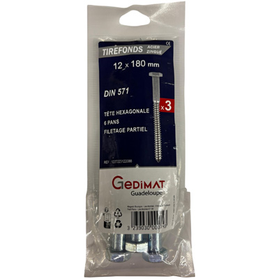 Tirefond acier zingué - tête hexagonale ø12 x L. 180 mm - vendu par 3