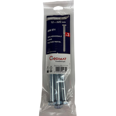 Tirefond acier zingué - tête hexagonale ø12 x L. 220 mm - vendu par 3