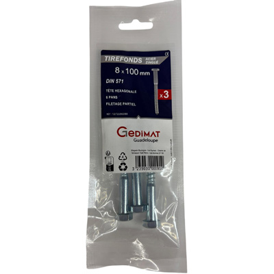 Tirefond acier zingué - tête hexagonale ø8 x L. 100 mm - vendu par 3