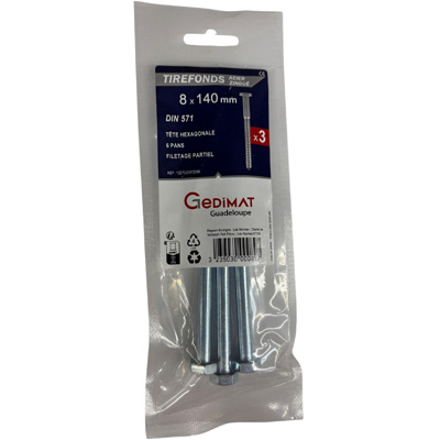 Tirefond acier zingué - tête hexagonale ø8 x L. 140 mm - vendu par 3
