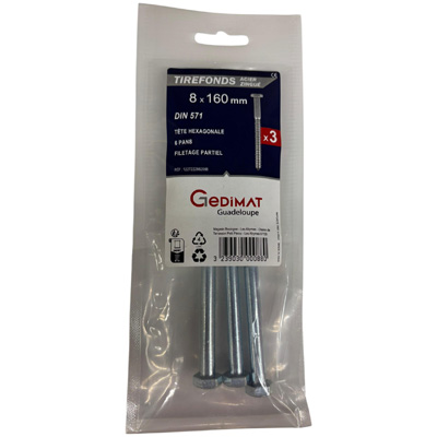 Tirefond acier zingué - tête hexagonale ø8 x L. 160 mm - vendu par 3