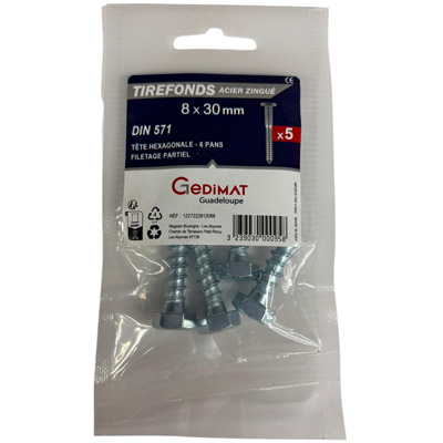 Tirefond acier zingué - tête hexagonale ø8 x L. 30 mm - vendu par 5