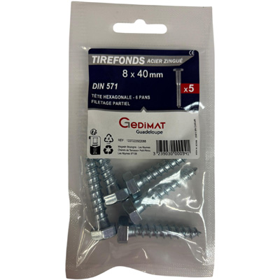 Tirefond acier zingué - tête hexagonale ø8 x L. 40 mm - vendu par 5