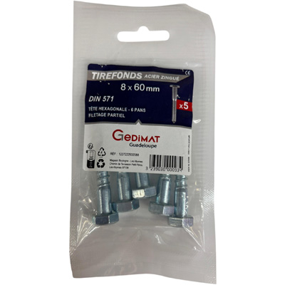 Tirefond acier zingué - tête hexagonale ø8 x L. 60 mm - vendu par 5