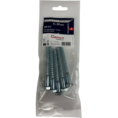 Tirefond acier zingué - tête hexagonale ø8 x L. 80 mm - vendu par 5