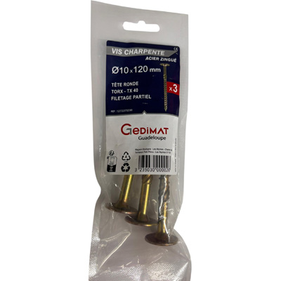 Vis bois et agglo acier - empreinte Torx® - tête fraisée ø10 x L. 120 mm - vendu par 3