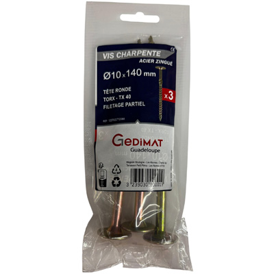 Vis bois et agglo acier - empreinte Torx® - tête fraisée ø10 x L. 140 mm - vendu par 3