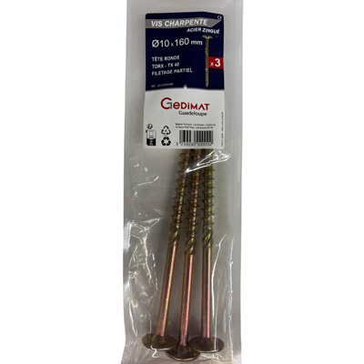 Vis bois et agglo acier - empreinte Torx® - tête fraisée ø10 x L. 160 mm - vendu par 3