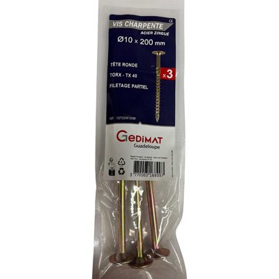 Vis bois et agglo acier - empreinte Torx® - tête fraisée ø10 x L. 200 mm - vendu par 3