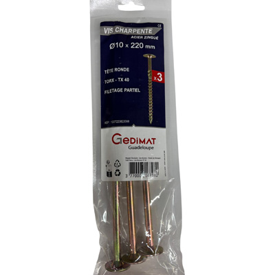 Vis bois et agglo acier - empreinte Torx® - tête fraisée ø10 x L. 220 mm - vendu par 3