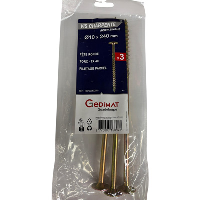 Vis bois et agglo acier - empreinte Torx® - tête fraisée ø10 x L. 240 mm - vendu par 3
