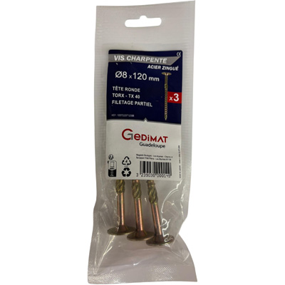 Vis bois et agglo acier - empreinte Torx® - tête fraisée ø8 x L. 120 mm - vendu par 3