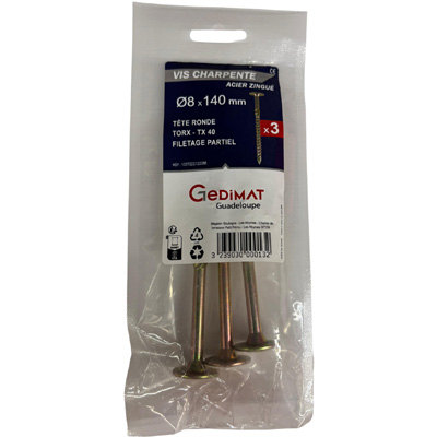 Vis bois et agglo acier - empreinte Torx® - tête fraisée ø8 x L. 140 mm - vendu par 3