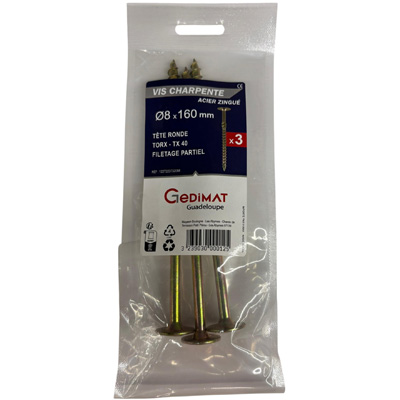 Vis bois et agglo acier - empreinte Torx® - tête fraisée ø8 x L. 160 mm - vendu par 3