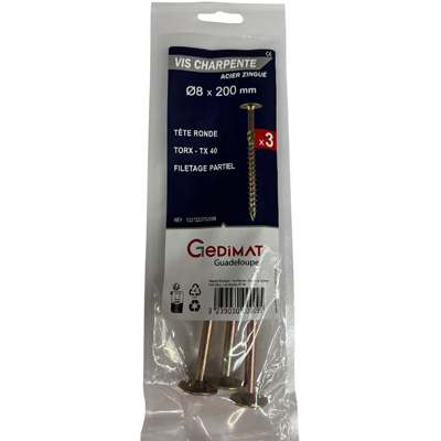 Vis bois et agglo acier - empreinte Torx® - tête fraisée ø8 x L. 200 mm - vendu par 3