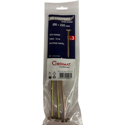 Vis bois et agglo acier - empreinte Torx® - tête fraisée ø8 x L. 220 mm - vendu par 3