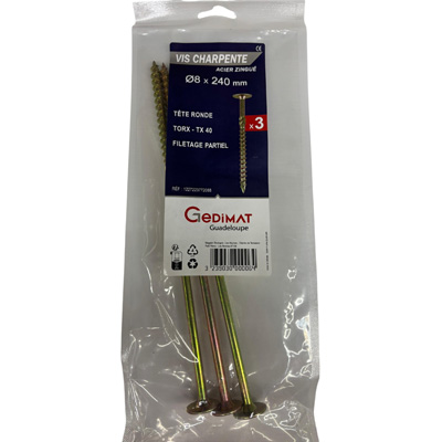 Vis bois et agglo acier - empreinte Torx® - tête fraisée ø8 x L. 240 mm - vendu par 3