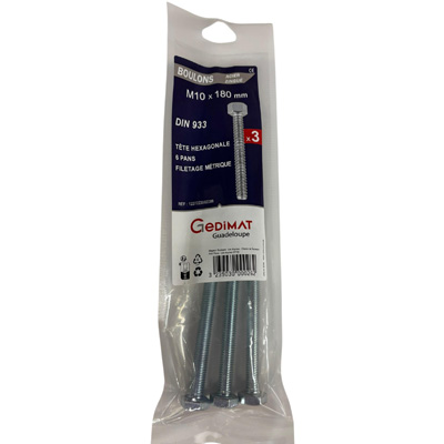 Boulon - tête hexagonale ø10 x L. 180 mm - vendu par 3