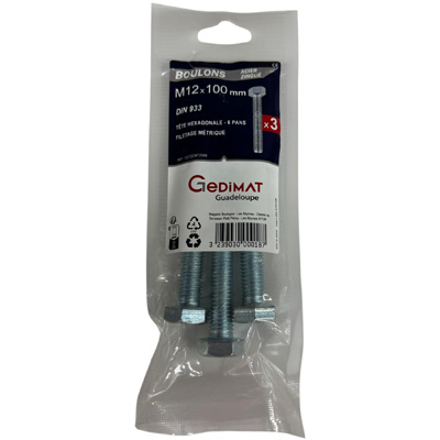 Boulon - tête hexagonale ø12 x L. 100 mm - vendu par 3