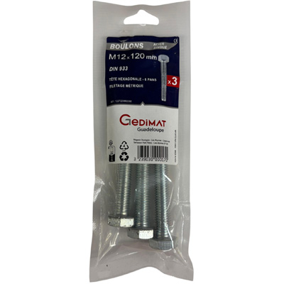 Boulon - tête hexagonale ø12 x L. 120 mm - vendu par 3