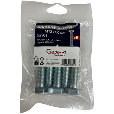Boulon - tête hexagonale ø12 x L. 50 mm - vendu par 5