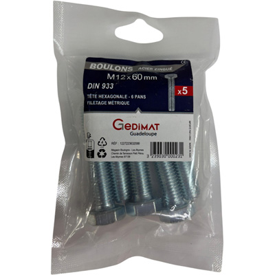 Boulon - tête hexagonale ø12 x L. 60 mm - vendu par 5