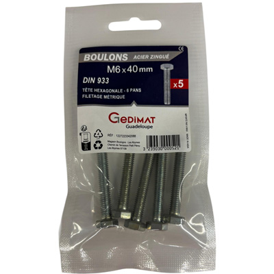 Boulon - tête hexagonale ø6 x L. 40 mm - vendu par 5