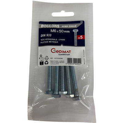 Boulon - tête hexagonale ø6 x L. 50 mm - vendu par 5