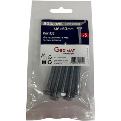 Boulon - tête hexagonale ø6 x L. 60 mm - vendu par 5