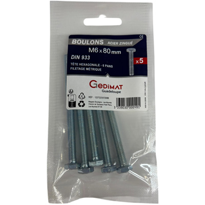 Boulon - tête hexagonale ø6 x L. 80 mm - vendu par 5
