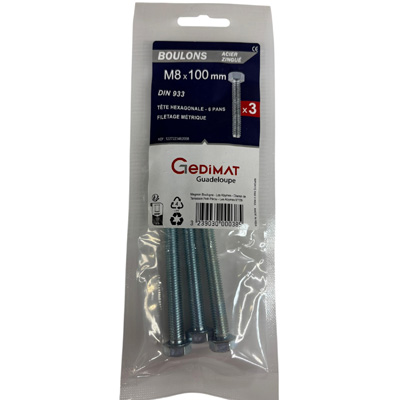 Boulon - tête hexagonale ø8 x L. 100 mm - vendu par 3