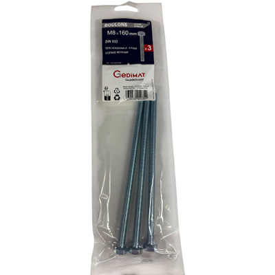 Boulon - tête hexagonale ø8 x L. 160 mm - vendu par 3